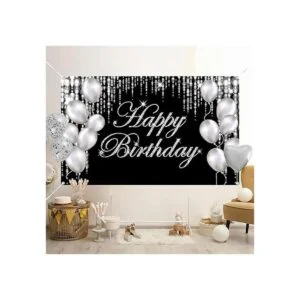 Pancarta de feliz cumpleaños color plateado telón de_3