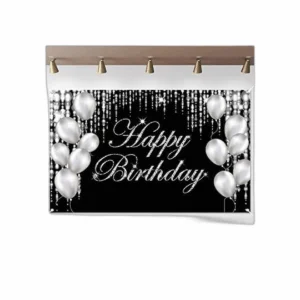 Pancarta de feliz cumpleaños color plateado telón de_1