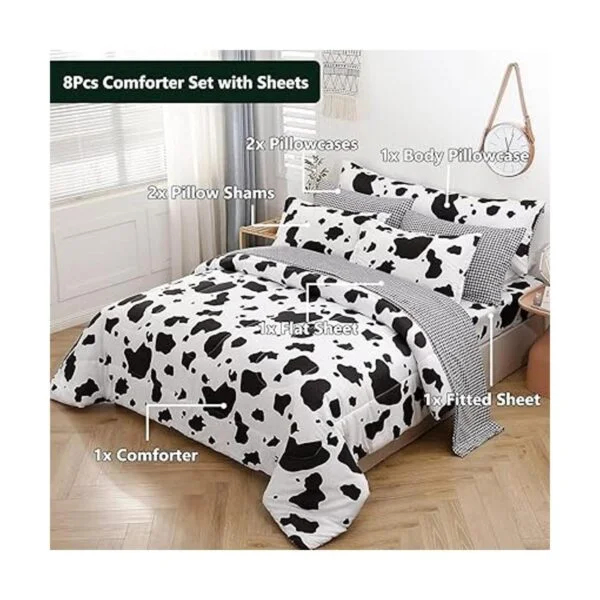SUCSES Juego de edredón con estampado de vaca en blanco y