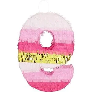 Piñata pequeña rosa y dorada número 9 para decoración de