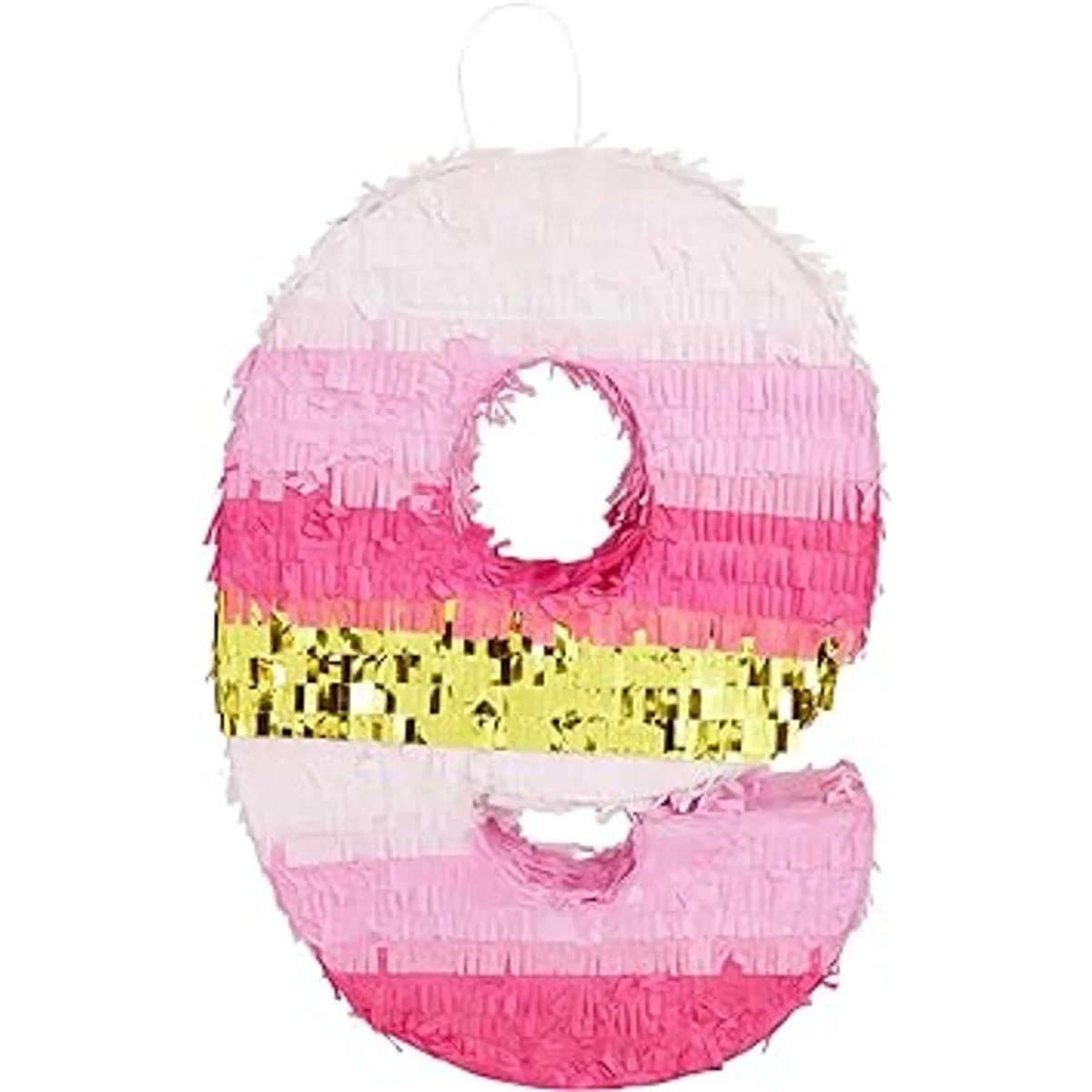 Piñata pequeña rosa y dorada número 9 para decoración de