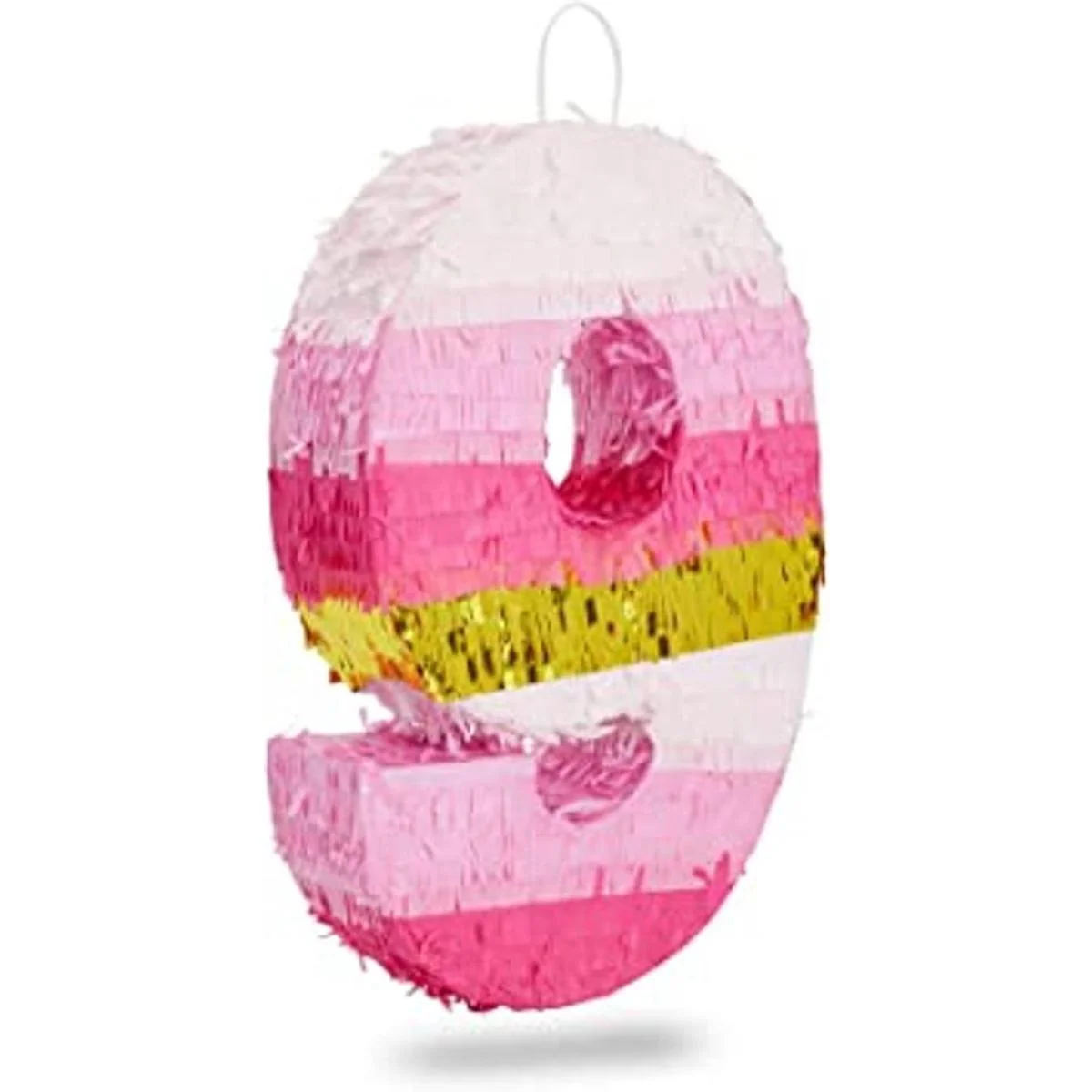 Piñata pequeña rosa y dorada número 9 para decoración de