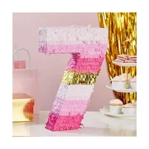 Piñata pequeña rosa y dorada número 7 para decoración de_2