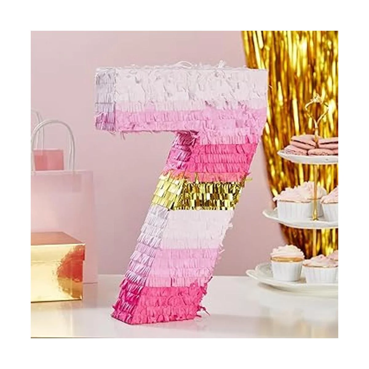 Piñata pequeña rosa y dorada número 7 para decoración de_2