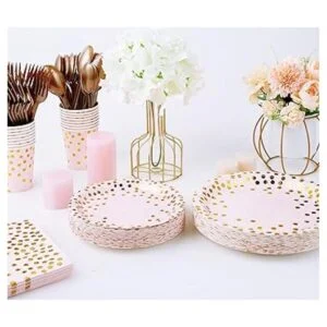 Suministros de fiesta rosa y dorado Juego de vajilla