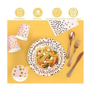 Suministros de fiesta rosa y dorado Juego de vajilla