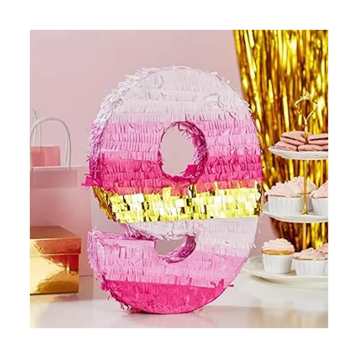 Piñata pequeña rosa y dorada número 9 para decoración de