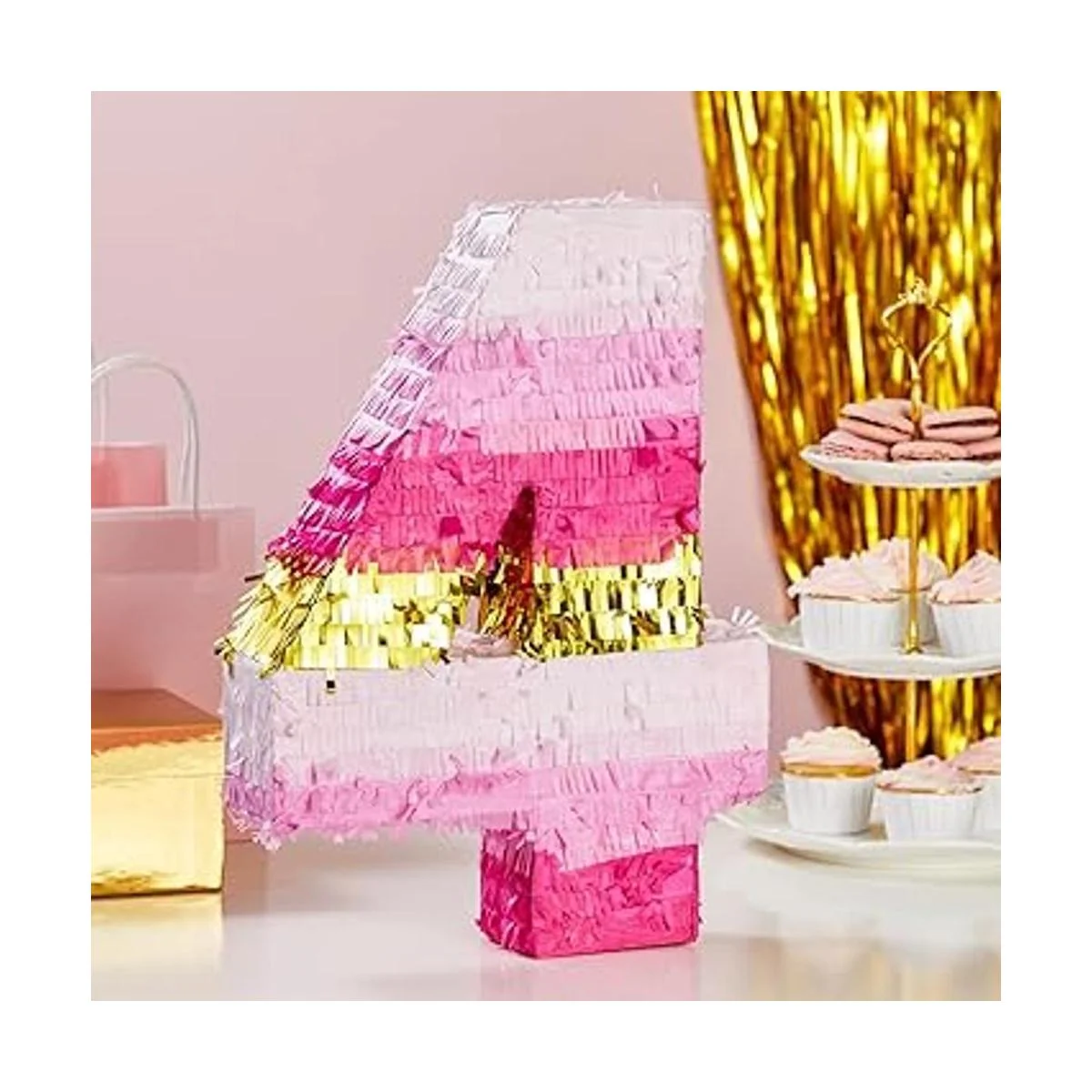 Pinata pequeña rosa y dorada número 4 para decoración de