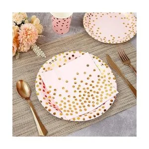 Suministros de fiesta rosa y dorado Juego de vajilla