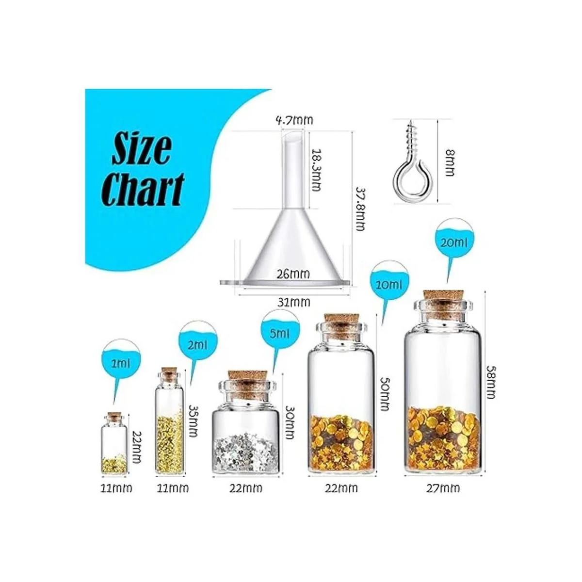 45 botellas de vidrio pequeñas transparentes con tapones