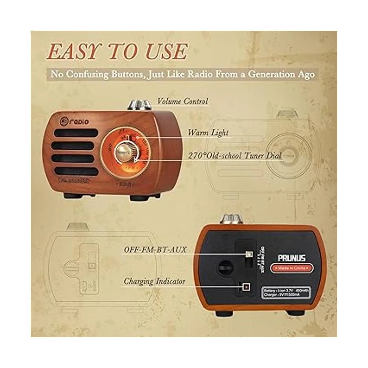 PRUNUS R818 Radio FM retro Bluetooth mini portátil de_4