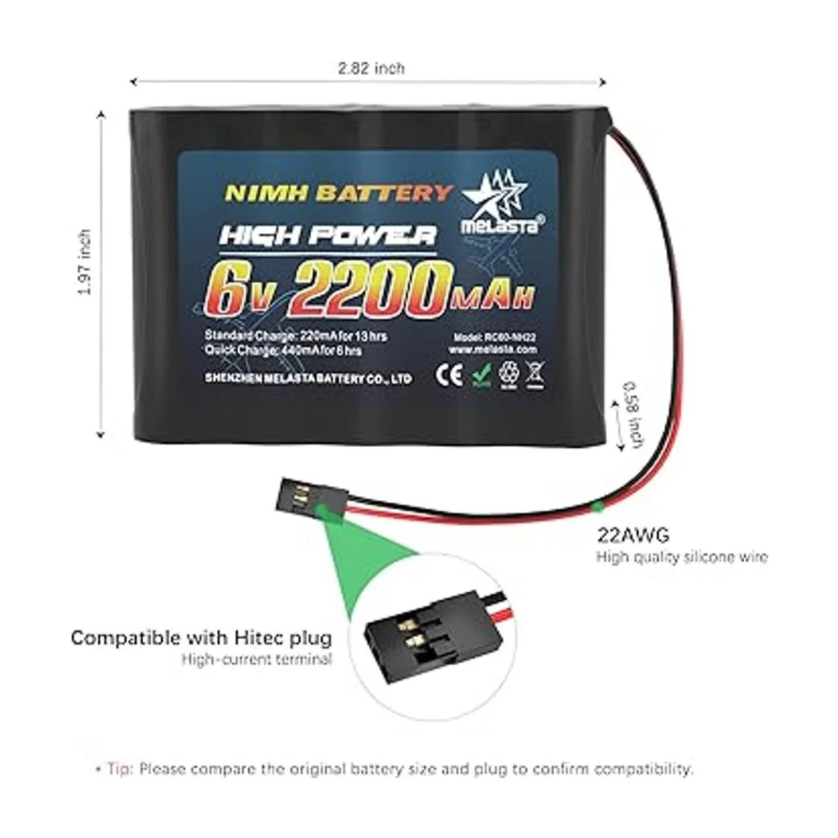 melasta Batería receptora RC de 6 V 2000 mAh recargable