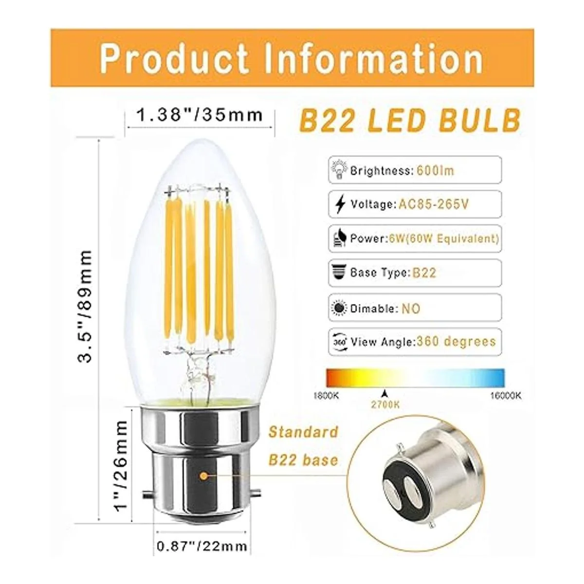 lamsky B22 bayoneta de filamento LED vela foco de luz 6 W_2