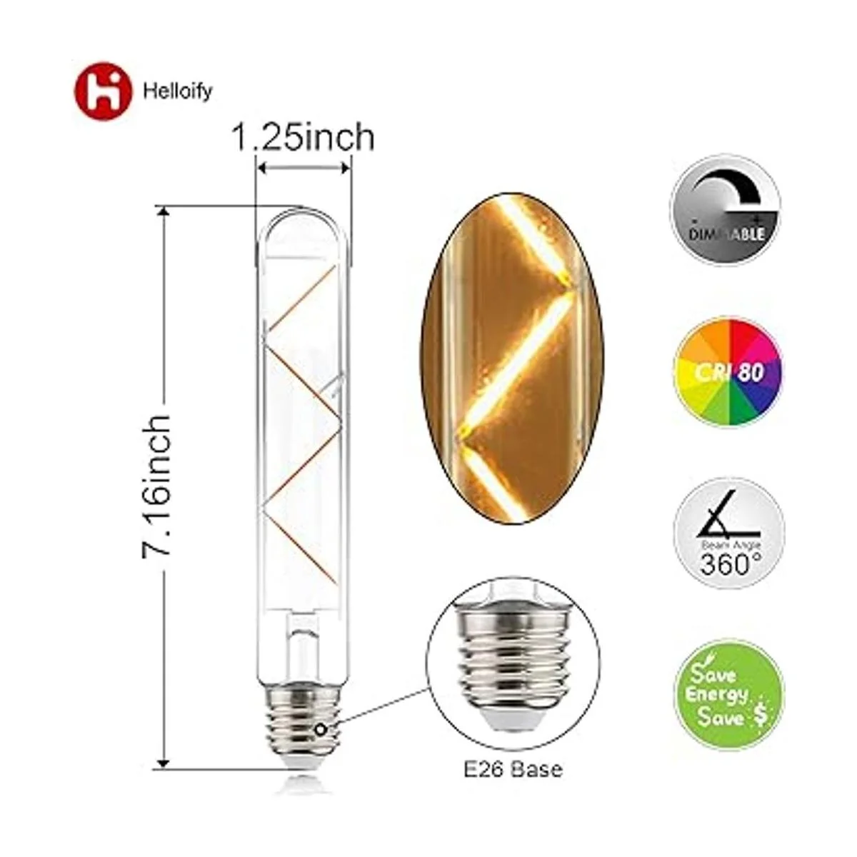 helloify T10 Bombilla tubular LED Edison regulable