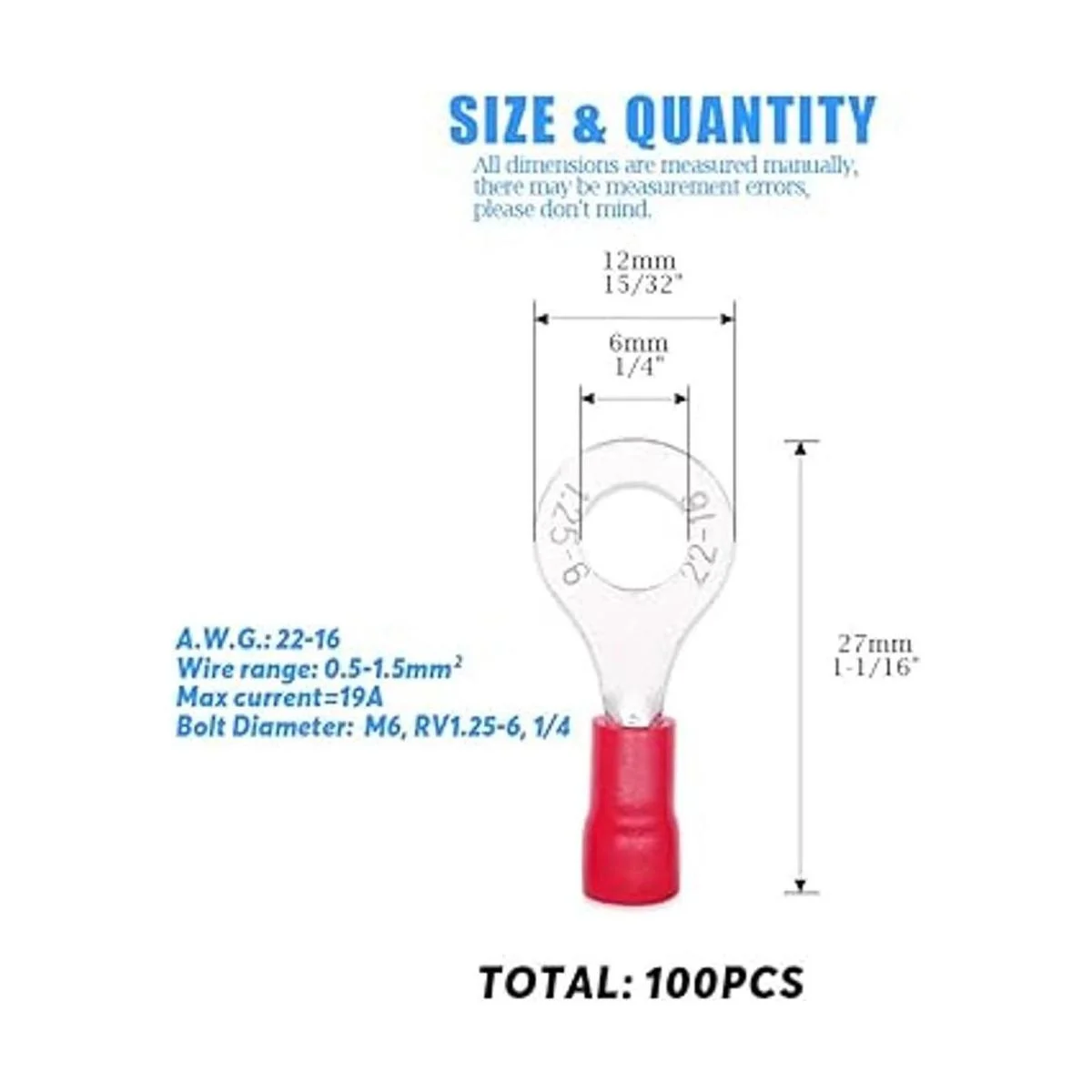 glarks 100pcs 22 M6 Anillo de calibre 16 de aparatos