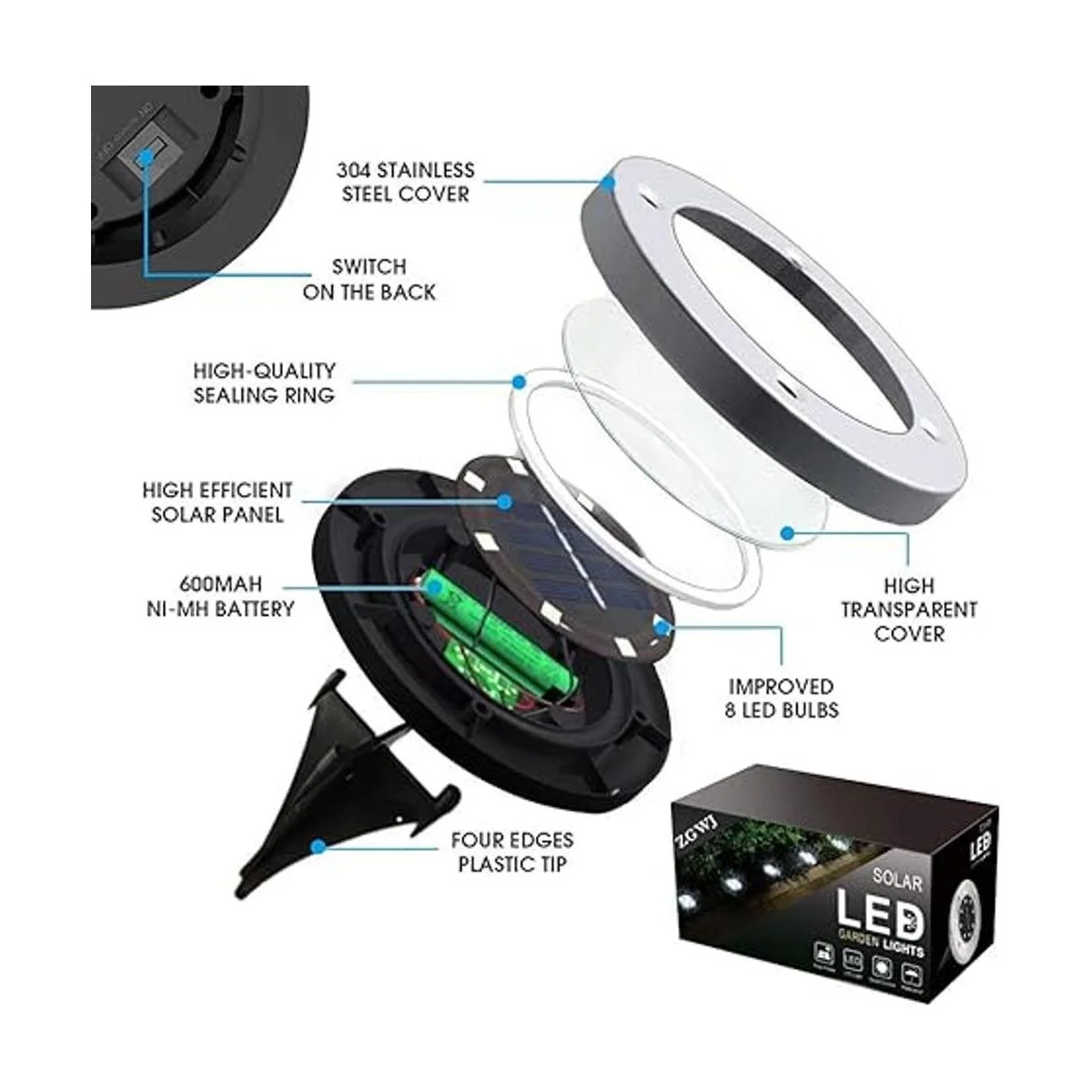 ZGWJ Luces solares de tierra 8 luces LED solares de_2