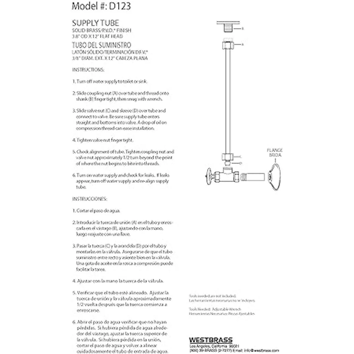 Westbrass d123 01 38 x 12 cabeza plana baño Supply_3