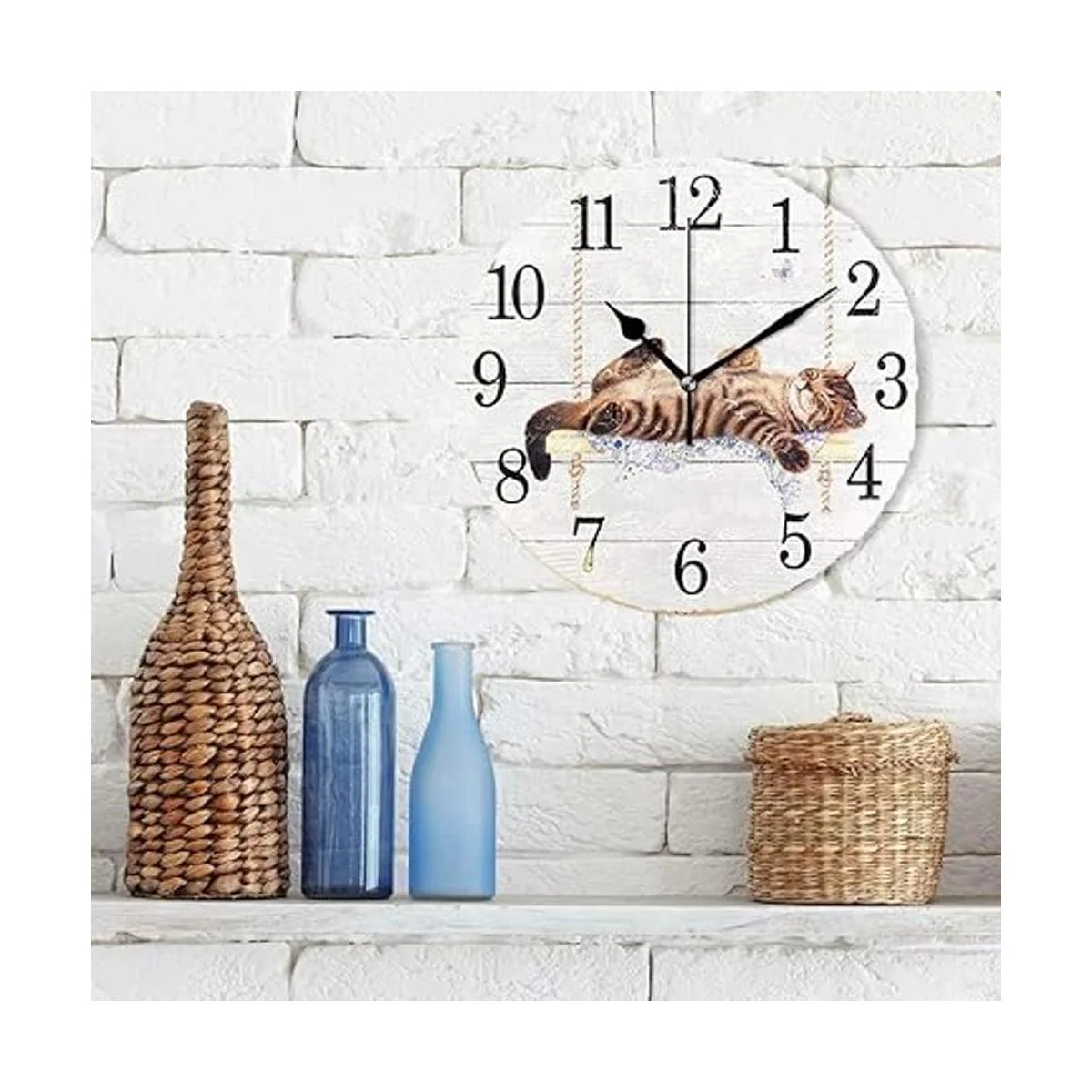 Wamika Reloj de pared redondo de gato en oscilación blanco