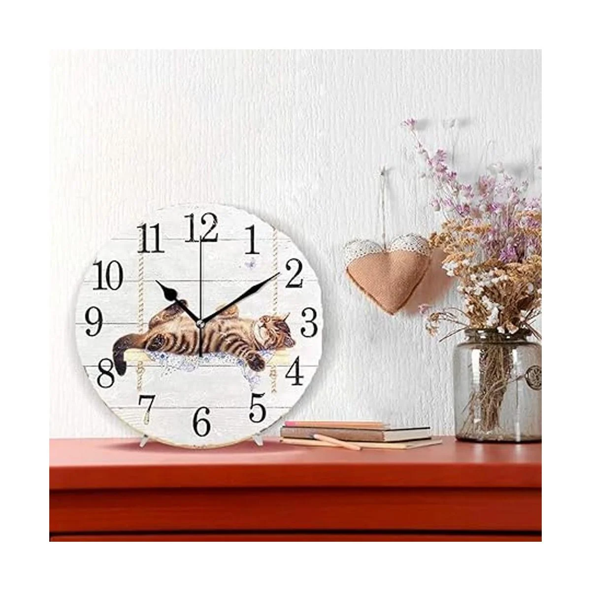 Wamika Reloj de pared redondo de gato en oscilación blanco