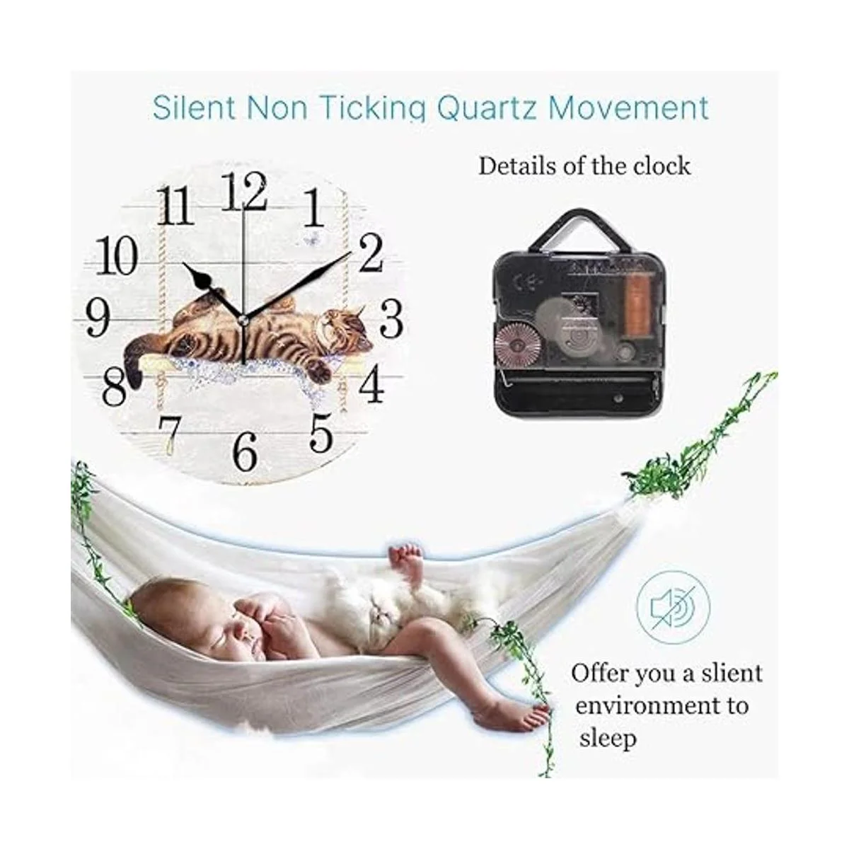 Wamika Reloj de pared redondo de gato en oscilación blanco