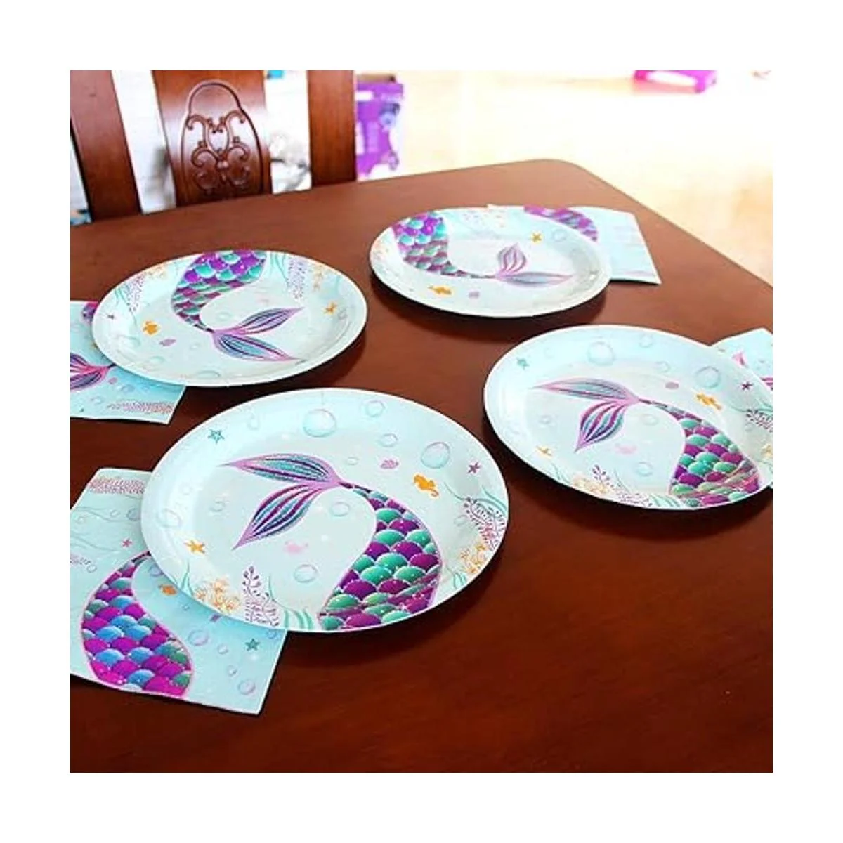 WERNNSAI Juego de platos y servilletas de sirena Sirve a_5