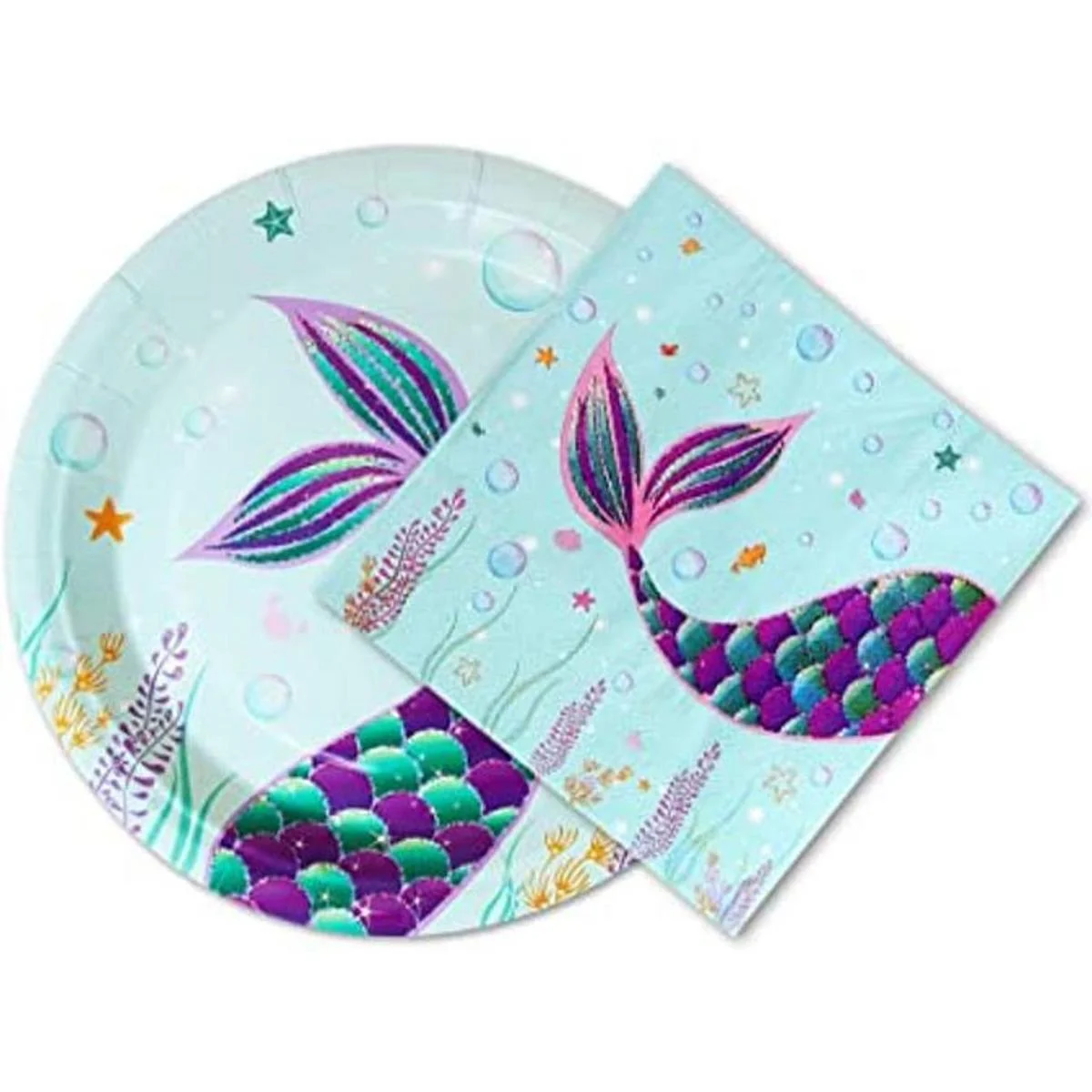 WERNNSAI Juego de platos y servilletas de sirena Sirve a_1