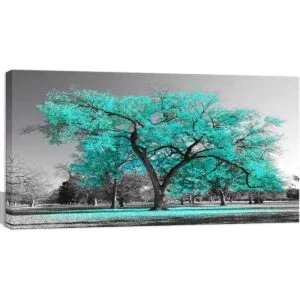 Visual Art Decor Lienzo de árbol verde azulado negro y_1