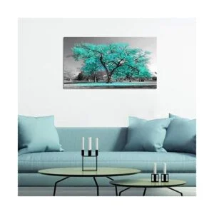 Visual Art Decor Lienzo de árbol verde azulado negro y_3