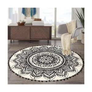 Uphome Alfombra redonda decorativa con flecos de pompón y_6