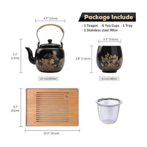 Dujust Juego de té japonés juego de té de porcelana negra_5