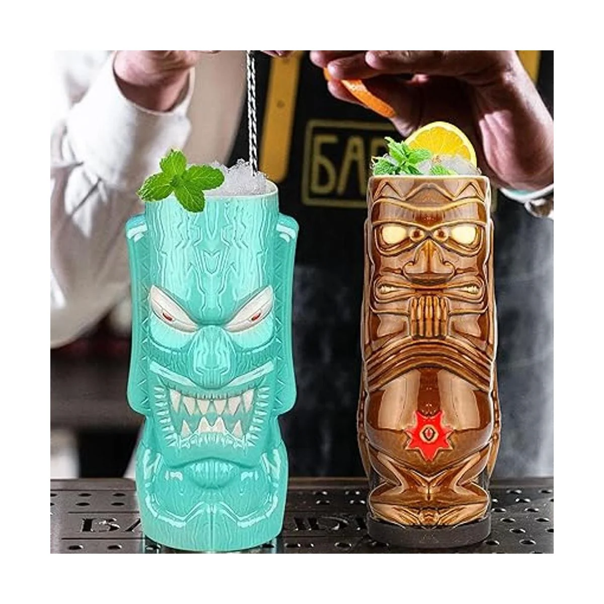 Tiki Mugs Juego de 4 tazas de cerámica hawaianas grandes_5