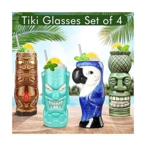 Tiki Mugs Juego de 4 tazas de cerámica hawaianas grandes_4