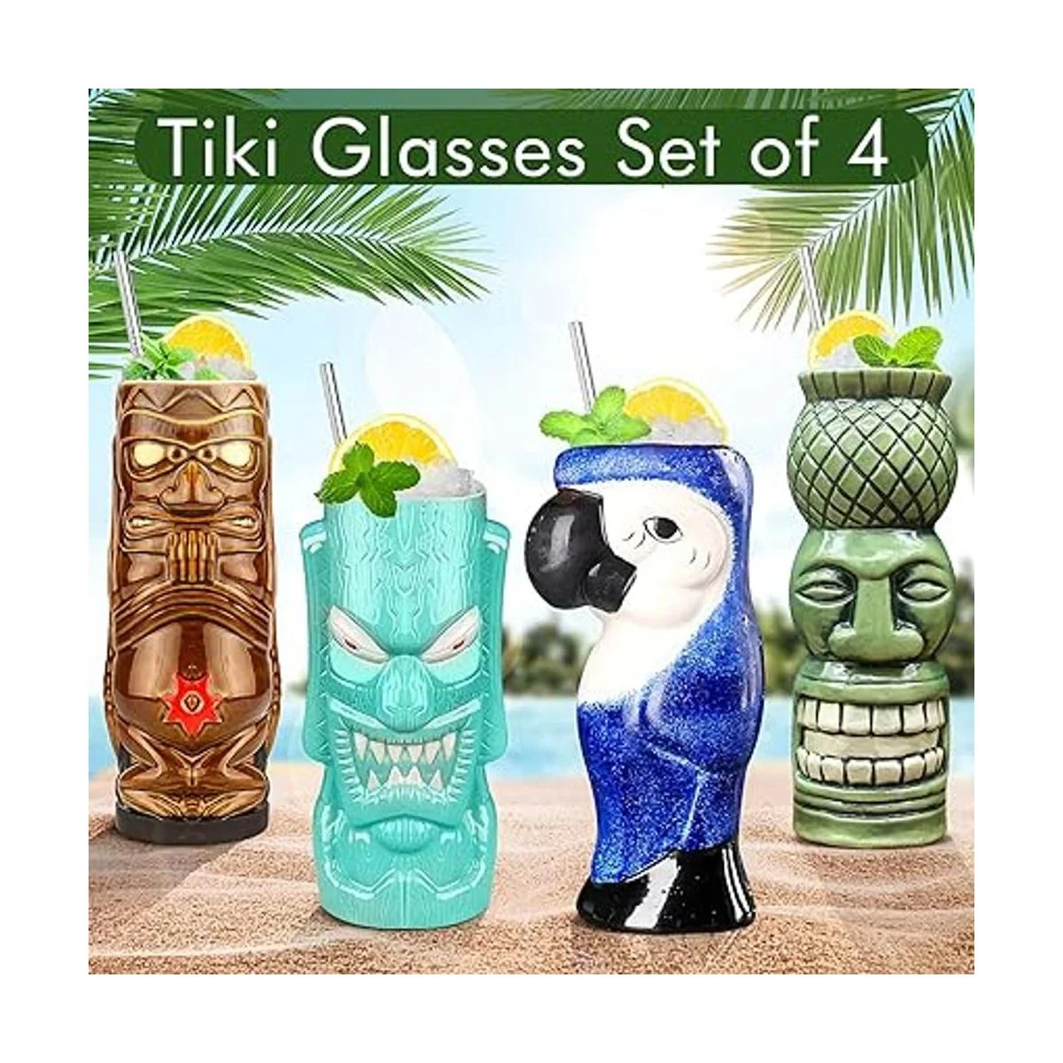 Tiki Mugs Juego de 4 tazas de cerámica hawaianas grandes_4