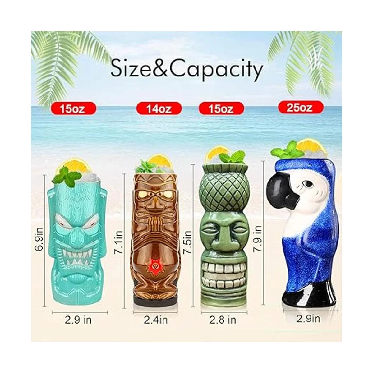 Tiki Mugs Juego de 4 tazas de cerámica hawaianas grandes_2