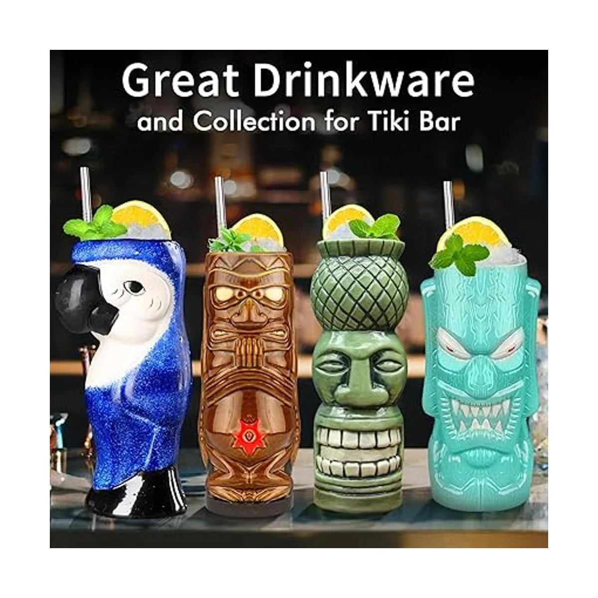 Tiki Mugs Juego de 4 tazas de cerámica hawaianas grandes_6
