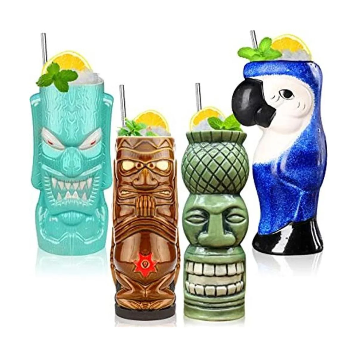 Tiki Mugs Juego de 4 tazas de cerámica hawaianas grandes_1