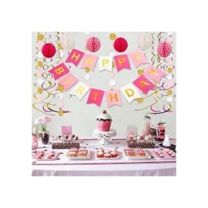 Decoraciones de cumpleaños rosas con pancarta de feliz