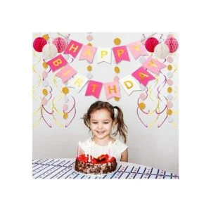 Decoraciones de cumpleaños rosas con pancarta de feliz