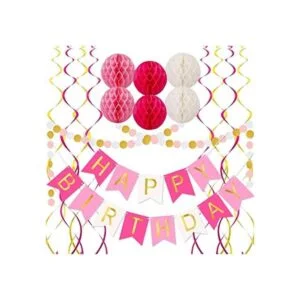 Decoraciones de cumpleaños rosas con pancarta de feliz