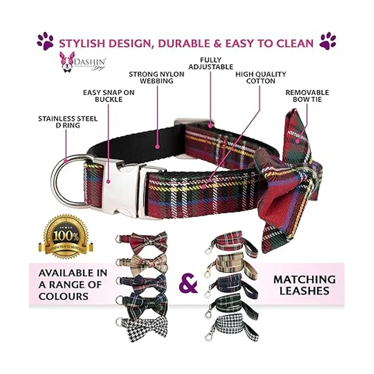 Juego de collar y correa para perro escoceses de tartán