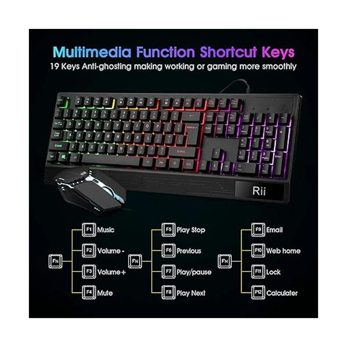 Rii Combo de teclado y mouse para juegos RK400 RGB