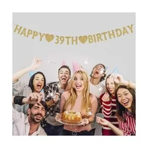 Pancarta dorada de Happy 39th Birthday con purpurina_2