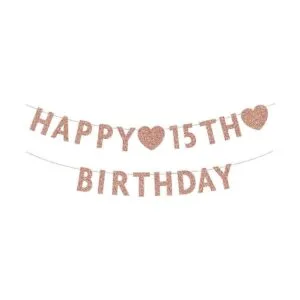 Pancarta de 15 cumpleaños de oro rosa con purpurina para_1