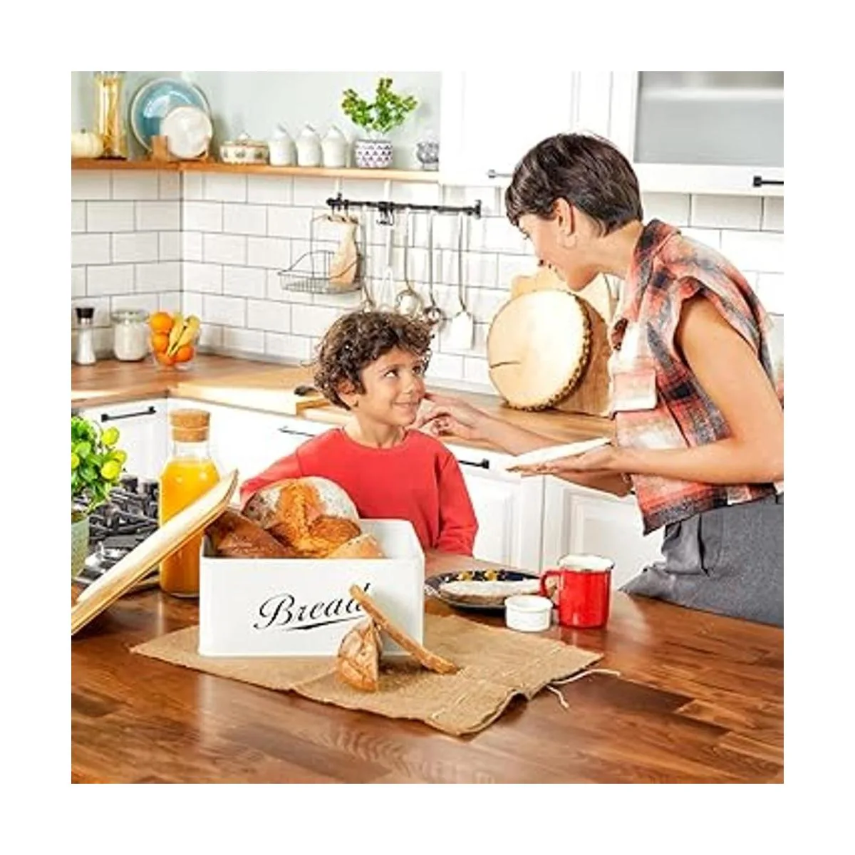 Panera de metal moderna con tapa de bambú almacenamiento