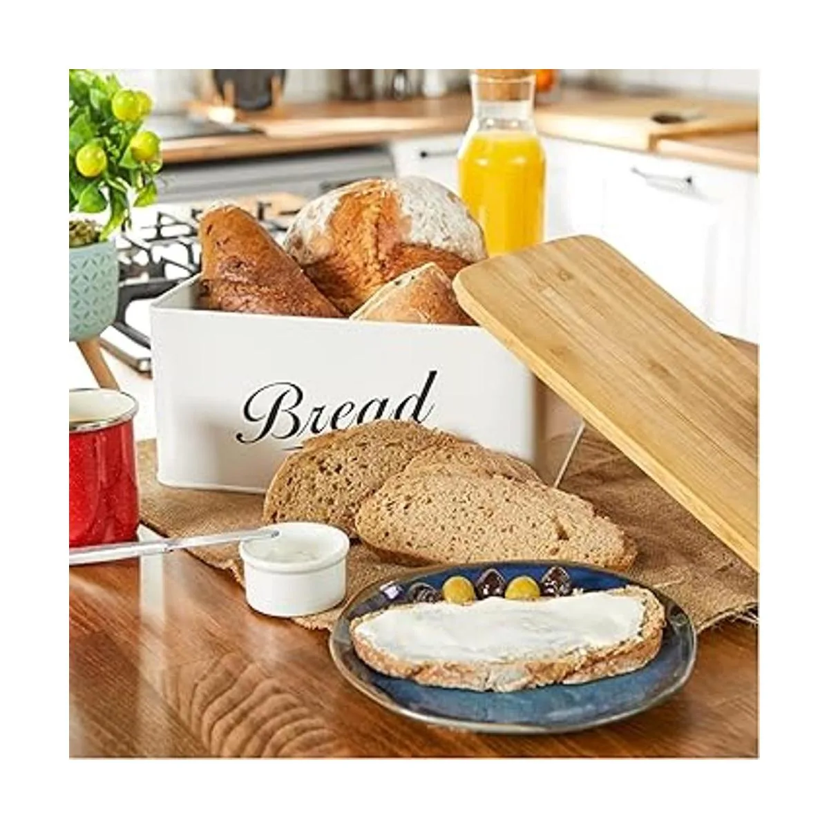 Panera de metal moderna con tapa de bambú almacenamiento