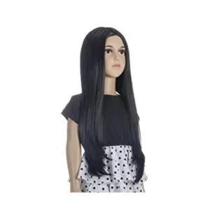 Morticia Peluca larga y recta para niñas y niños disfraz_1
