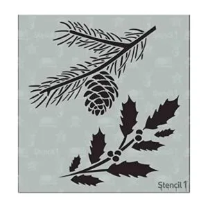 Stencil1 Plantilla de ramas de acebo y hoja perenne_1