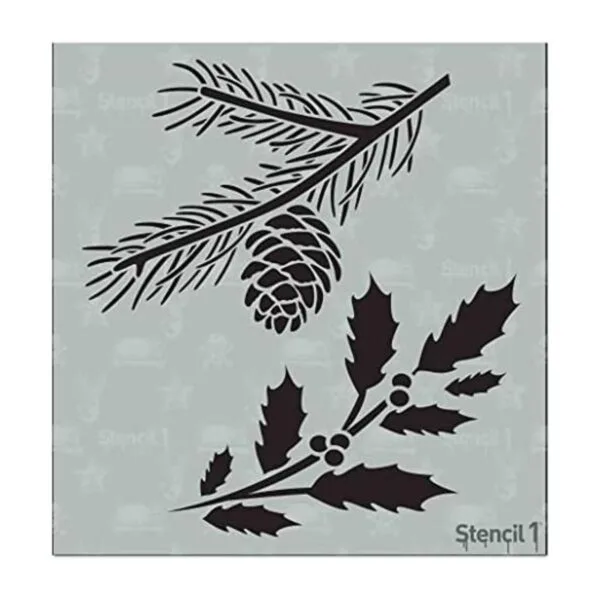 Stencil1 Plantilla de ramas de acebo y hoja perenne_1