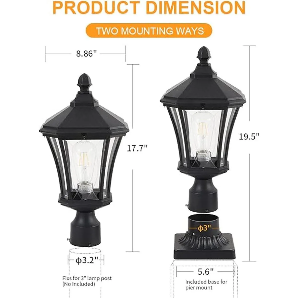 Luces de poste para exteriores de 20 pulgadas con base de