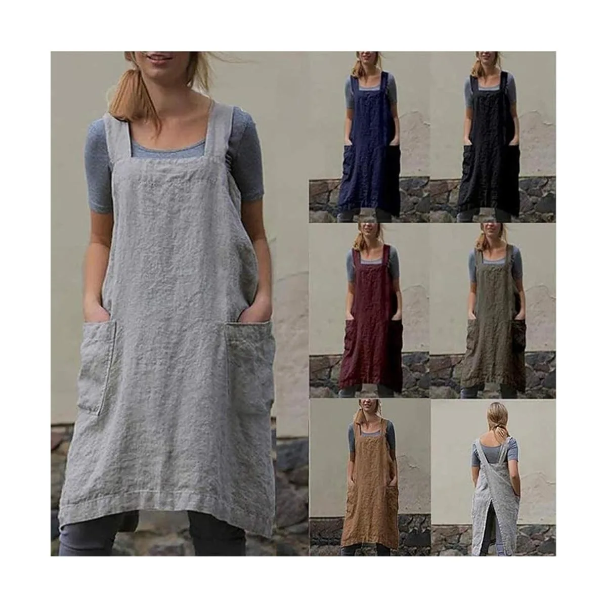 Delantal de lino de algodón delantal con espalda cruzada_5